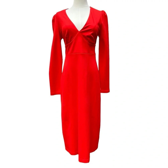 Boden NWT Red V-Neck Midi Length Long Sleeve Tea Dress Size 2 - Picture 1 of 16